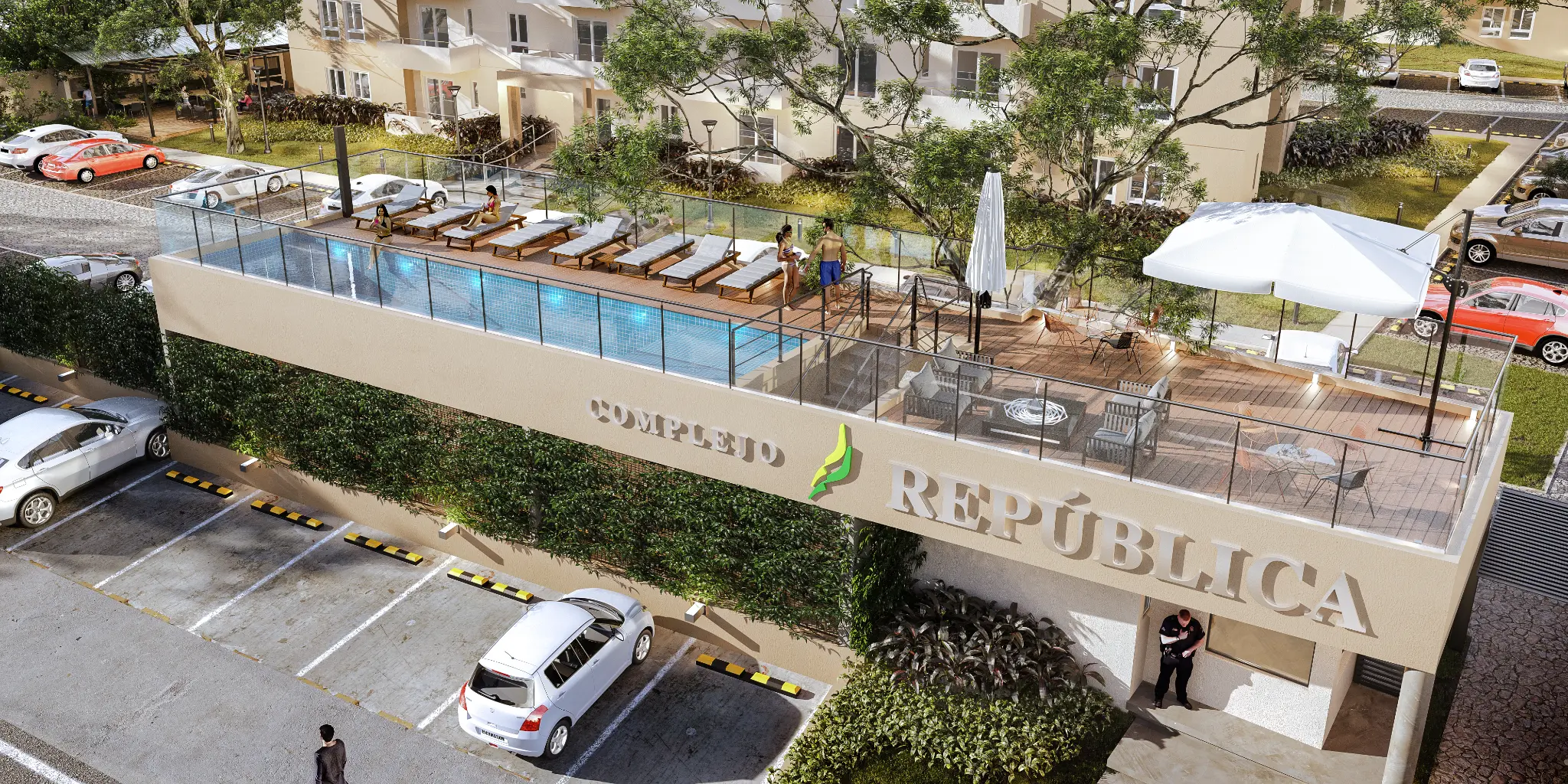 Piscina moderna con deck del Complejo República